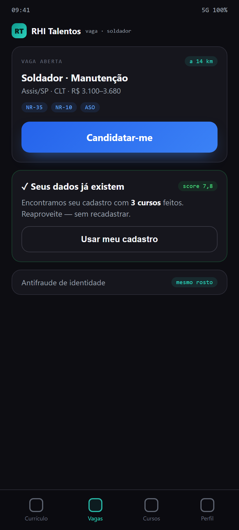 Candidatar-se e reaproveitar o cadastro que já existe — app do colaborador Contratação & Convocação