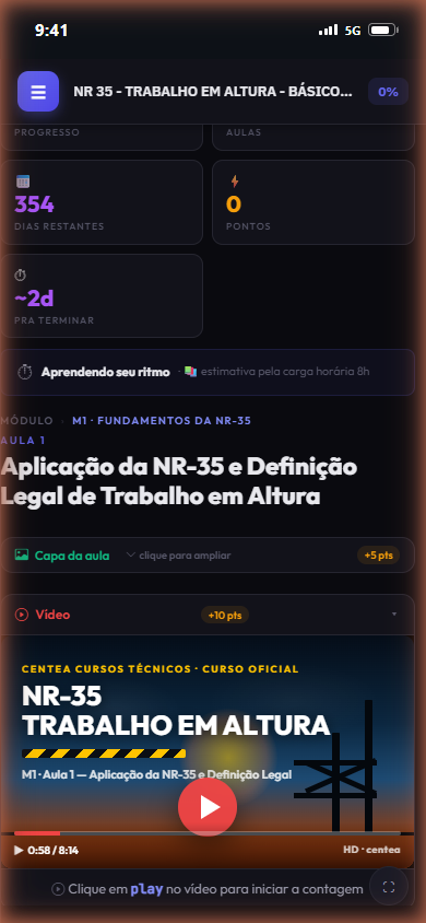 Ambiente de estudo no PWA do colaborador — curso NR-35 Trabalho em Altura com vídeo, pontos e anotações