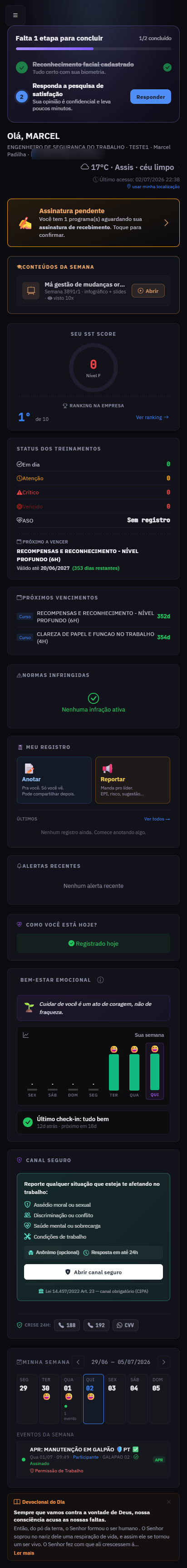 Bem-estar emocional, Canal Seguro e check-in diário — app do colaborador Psicossocial