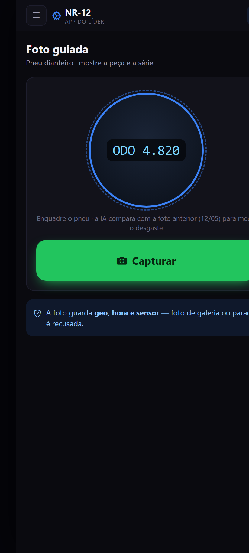 A foto que o gatilho pede, com QR, geo e EXIF (antifraude) — app do colaborador NR-12