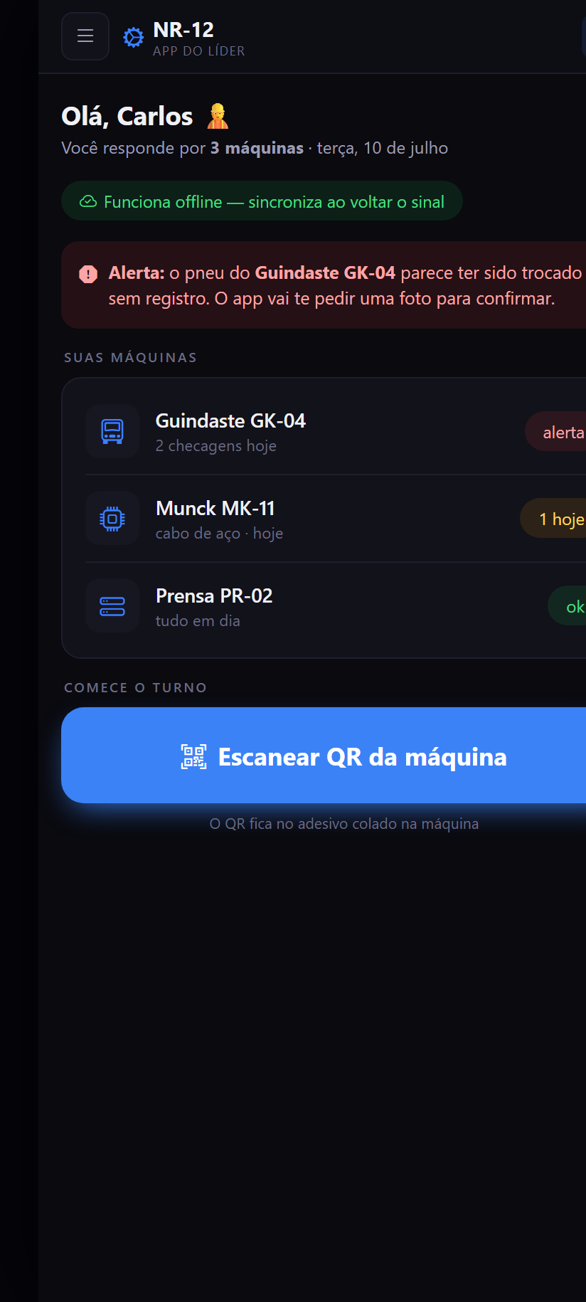 Início do turno: escaneia o QR da máquina, com a aptidão validada — app do colaborador NR-12