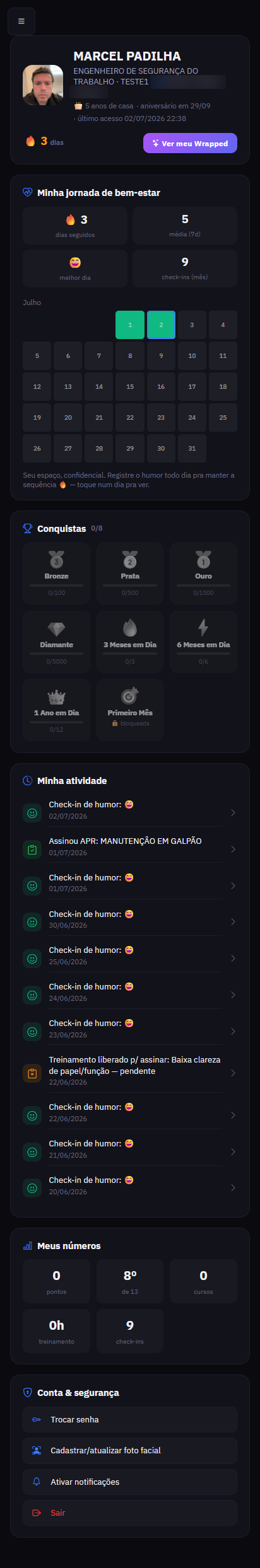 Jornada de bem-estar: calendário de humor e conquistas — app do colaborador Psicossocial