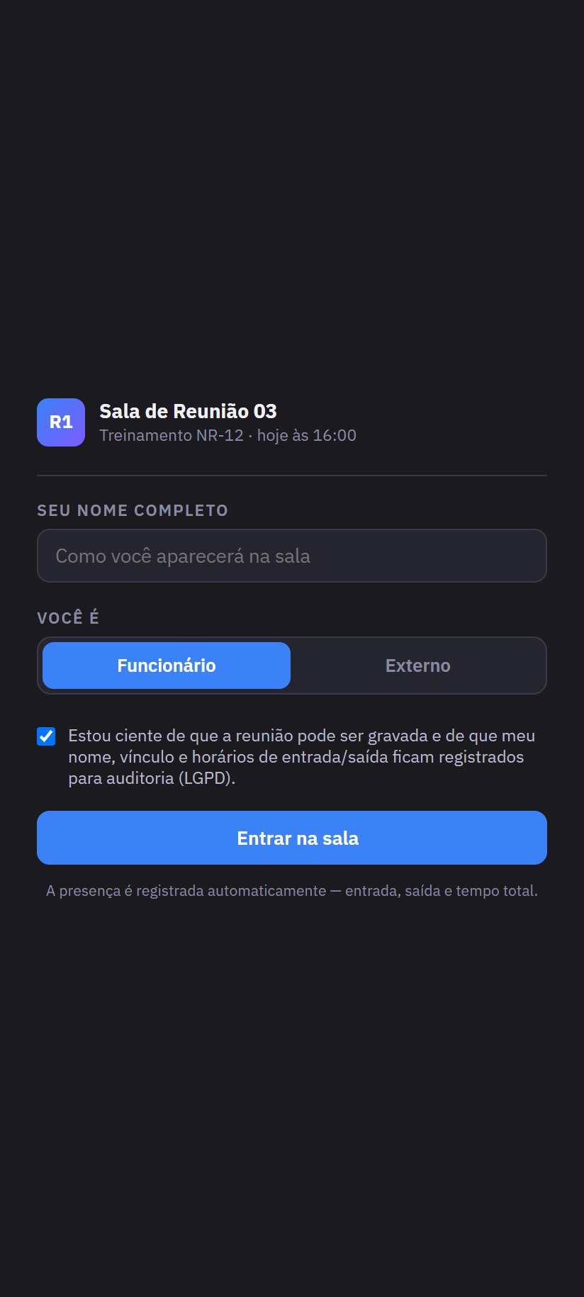 A tela de entrada: nome, vínculo e o consentimento de gravação (LGPD) antes de entrar — app do colaborador RHI Salas