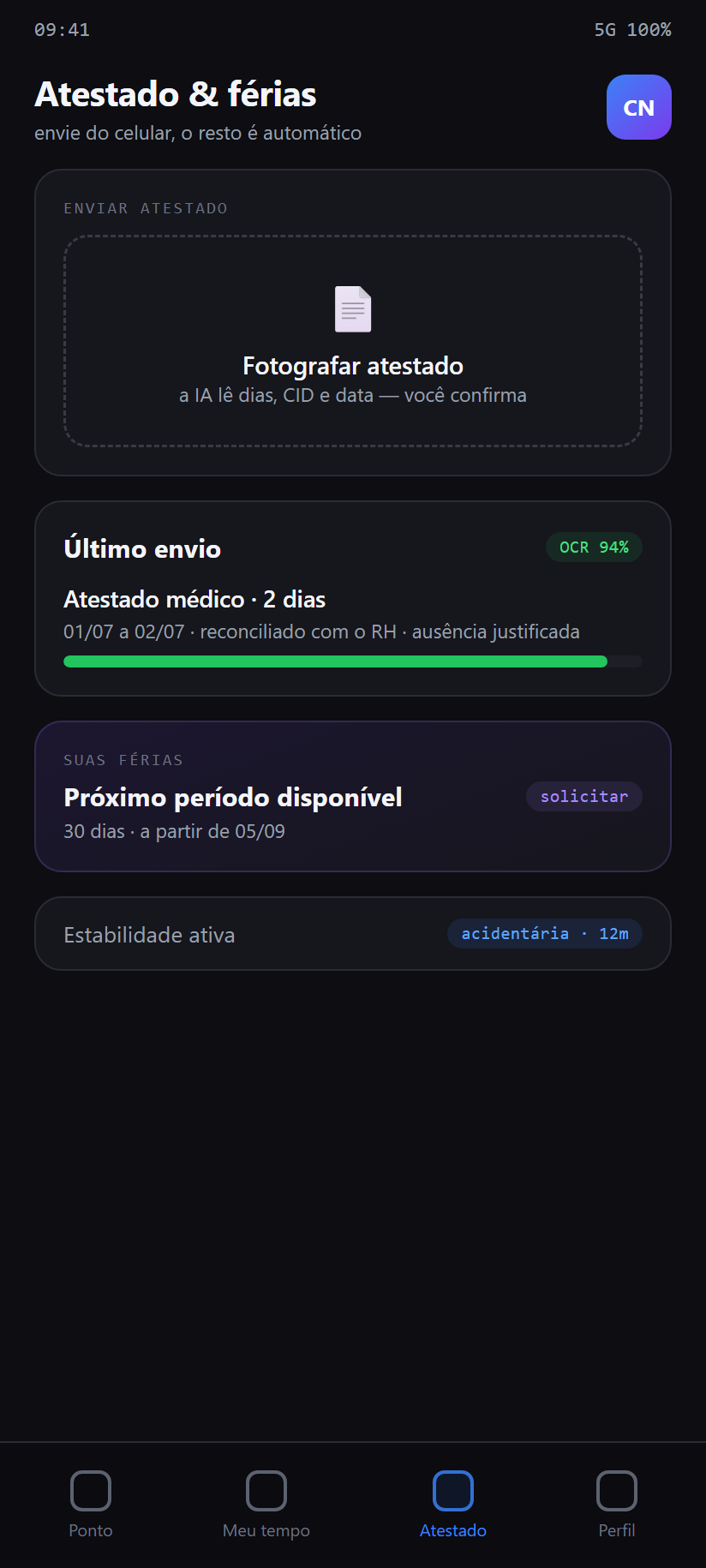 Atestado por OCR, férias e estabilidade — do celular — app do colaborador Tempo & Afastamento
